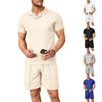 Waffle Men Casual Set & two piece Boutonniere & short pants & short sleeve T-shirts plain dyed Solid Set