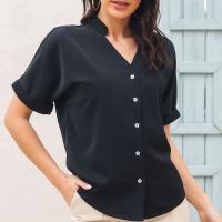 Poliéster Mujeres camisa de manga corta, negro,  trozo