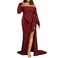 Polyester Off Shoulder & front slit & Plus Size & High Waist Long Evening Dress Sequin patchwork Solid PC