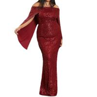 Spandex & Polyester Off Shoulder & Plus Size & High Waist Long Evening Dress Sequin Solid red PC