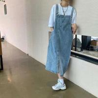 Denim front slit Suspender Skirt & loose & breathable Solid light blue PC