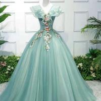 Polyester Waist-controlled Long Evening Dress large hem design green PC