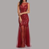 Gauze & Polyester Plus Size Long Evening Dress see through look Solid wine red PC