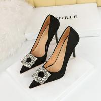 Silk & PU Leather Stiletto High-Heeled Shoes & with rhinestone Pair