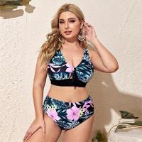 Polyester Bikini deep V & backless & two piece printed floral Set