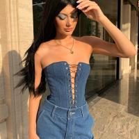 Cotton Tube Top & backless & off shoulder Solid blue PC