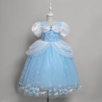 Polyester Princess Girl One-piece Dress large hem design patchwork Solid blue PC