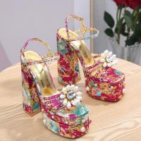 Seide & PU Leder Hochheeled Schuhe, Floral, mehrfarbig,  Paar