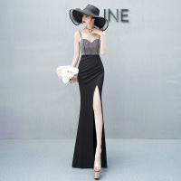 Polyethylene fiber-Ethylene Long Evening Dress side slit & backless patchwork Solid PC