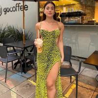 Polyester Slim & High Waist Slip Dress side slit printed Others yellow PC