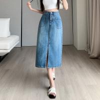 Denim front slit & High Waist Maxi Skirt slimming Solid blue PC