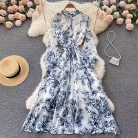 Polyester High Waist One-piece Dress printed blue PC