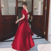 Polyester Slim Long Evening Dress large hem design patchwork Solid wine red PC