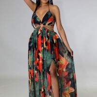 Polyester Slip Dress side slit & backless & hollow printed PC