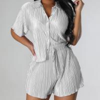 Polyester Women Casual Set & two piece short pants & short sleeve shirt Solid Set