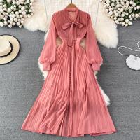 Chiffon long style & Pleated One-piece Dress large hem design Solid : PC