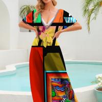 Polyester Swimming Cover Ups deep V & side slit & loose patchwork : PC