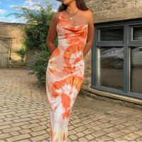 Polyester Beach Dress mid-long style & backless printed reddish orange PC