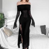 Polyester Waist-controlled & High Waist Boat Neck One-piece Dress side slit & off shoulder patchwork Solid black PC