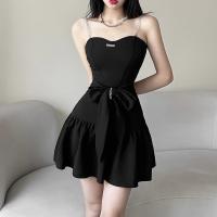 Polyester Waist-controlled & High Waist Slip Dress large hem design patchwork Solid black PC