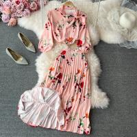 Gemischter Stoff Zweiteiliges Kleid Set, Gedruckt, Floral, Rosa,  Festgelegt