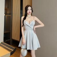 Polyester High Waist Slip Dress deep V & backless patchwork Solid PC