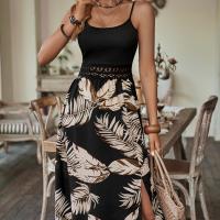 Polyester Slip Dress side slit & backless printed black PC