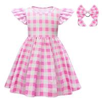 Polyester Robe d’une seule pièce de fille anneau de cheveux & Jupe Imprimé Plaid Rose pièce