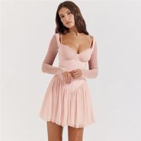 Polyester Waist-controlled & High Waist One-piece Dress deep V patchwork Solid pink PC