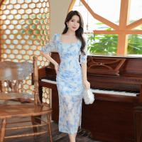 Gauze Slim Sexy Package Hip Dresses side slit light blue PC