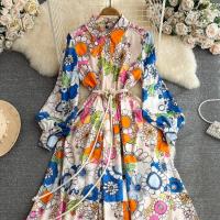 Polyester Slim & High Waist One-piece Dress printed floral mixed colors PC