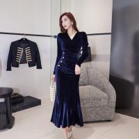 Pleuche Slim Sexy Package Hip Dresses deep V deep blue PC