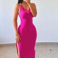 Polyester Slim & High Waist Halter Dress side slit & backless Solid PC