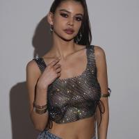 Polyester Sleeveless Nightclub Top midriff-baring & hollow & with rhinestone : PC