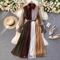 Gauze & Polyester Waist-controlled One-piece Dress slimming printed brown PC