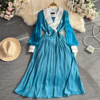 Polyester Waist-controlled & Pleated One-piece Dress large hem design & deep V blue PC