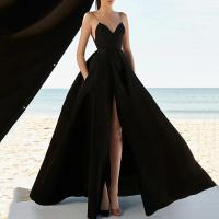 Polyester Long Evening Dress large hem design & deep V & side slit Solid PC