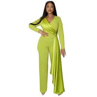 Polyester Slim & High Waist Long Jumpsuit deep V Solid PC