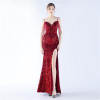 Sequin & Polyester Slim Long Evening Dress side slit & backless embroidered Solid PC