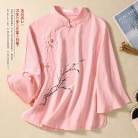 Cotton Linen Plus Size Women Three Quarter Sleeve Blouses slimming & loose printed PC