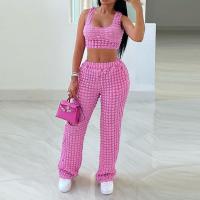 Spandex & Polyester Ensemble occasionnel de femmes Pantalon long & Débardeur Plaid Rose Ensemble