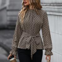 Polyester Abdomen-flat Women Long Sleeve Blouses printed khaki PC