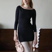 Polyester High Waist Sexy Package Hip Dresses backless Solid black PC