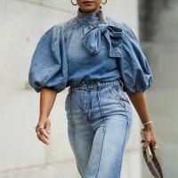 Denim Chemise à manches courtes femmes Solide pièce