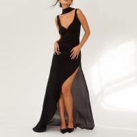 Polyester Slip Dress irregular & deep V patchwork Solid black PC