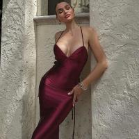 Polyester Slim Slip Dress backless wine red PC