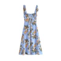 Cotton Slim Slip Dress side slit printed blue PC