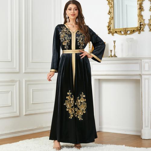 Pleuche & Paillettes Robe musulmane islamique du Moyen-Orient Solide Noir pièce