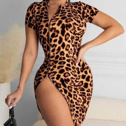 Polyester Robe d’une seule pièce Imprimé Leopard Café pièce