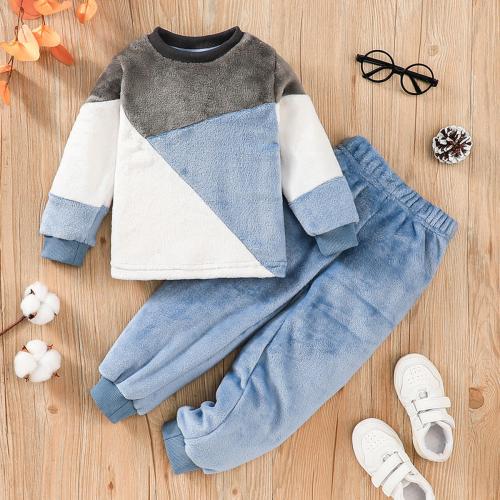 Polyester Boy Clothing Set Sweatshirt & Pants patchwork blue Set